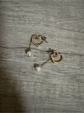 Gold Heart Drop Earrings with Pearl Accent - Women Jewelry